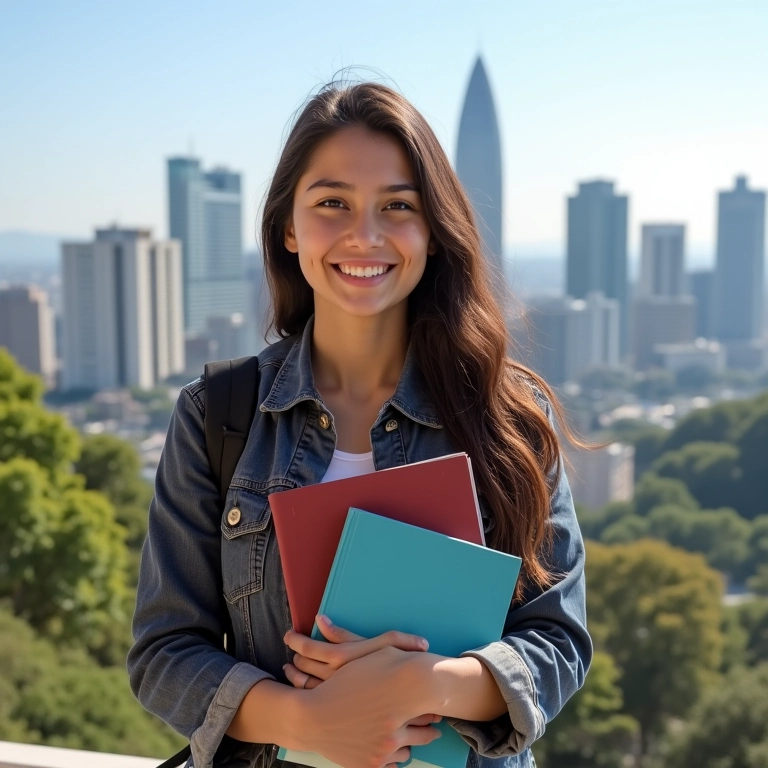 Estudante sorrindo em frente à universidade, com banner de programas de bolsas.