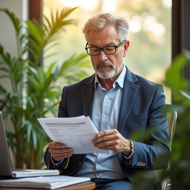 Executivo avaliando desempenho da empresa para planejamento sucessório.