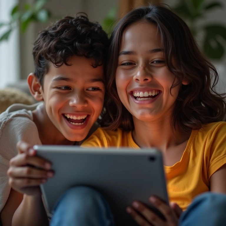 Família brasileira assiste vídeo de produto, focando na história.