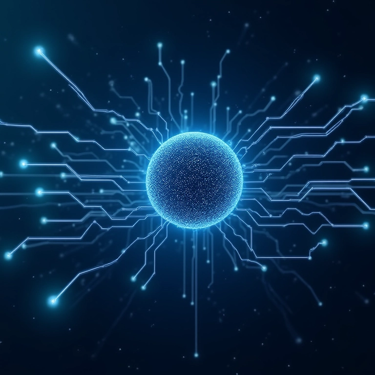 Fluxos de dados convergindo para central de processamento de IA, organização de dados.