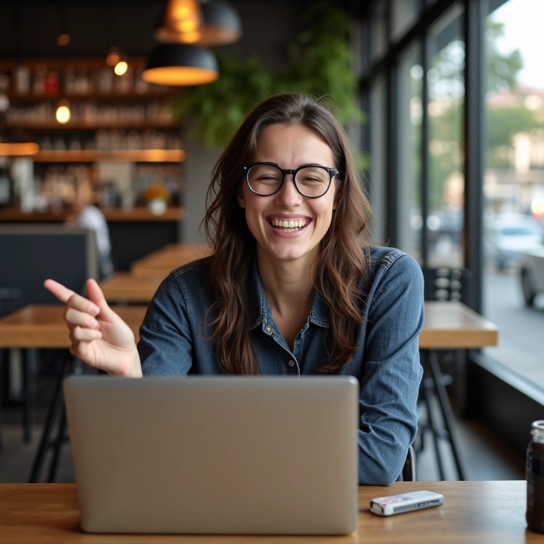 Freelancer comemora sucesso em projeto em café estiloso em SP.