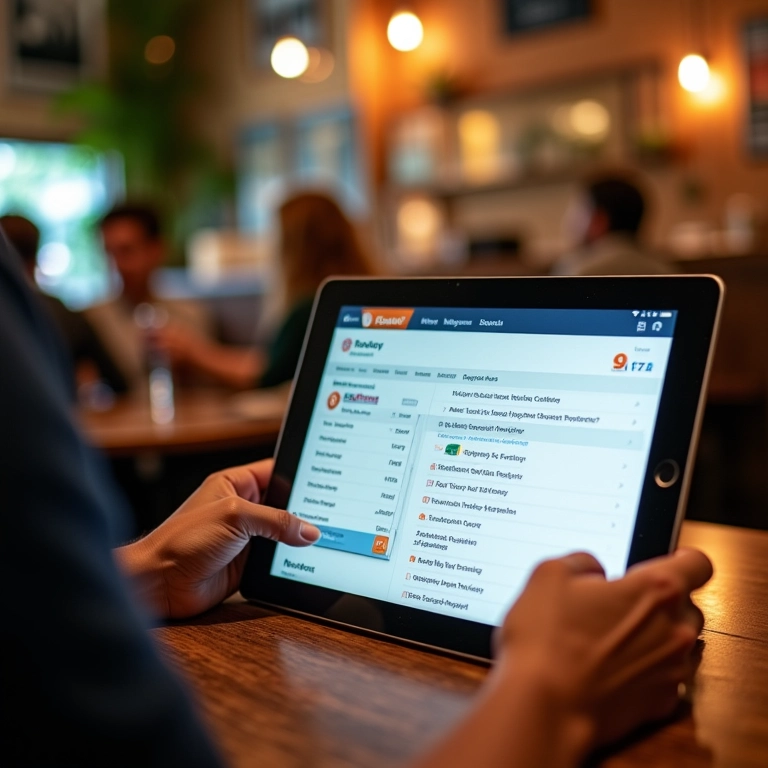 Freelancer usando o site 99Freelas em um tablet, exibindo categorias de projetos.