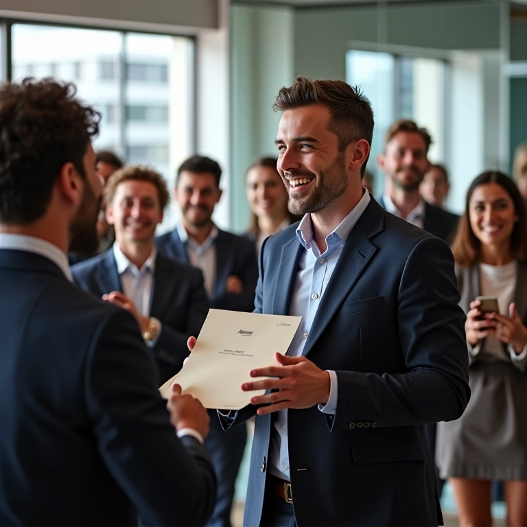 Funcionário recebendo prêmio de reconhecimento em escritório em São Paulo, com equipe celebrando.