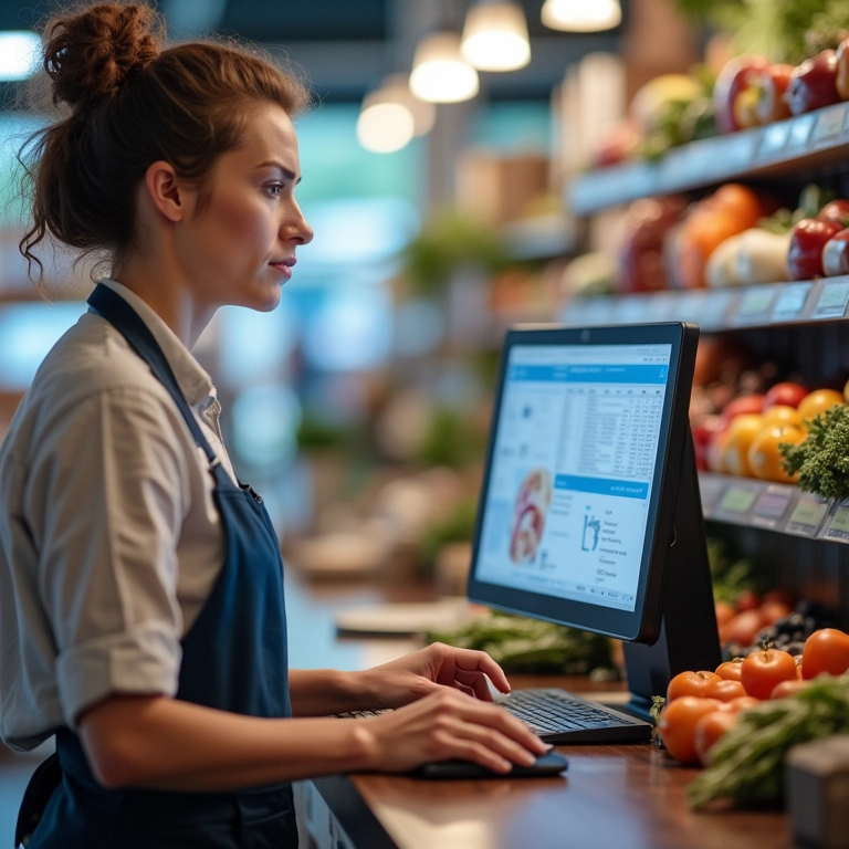 Funcionários do varejo usando sistema automatizado para otimizar processos.