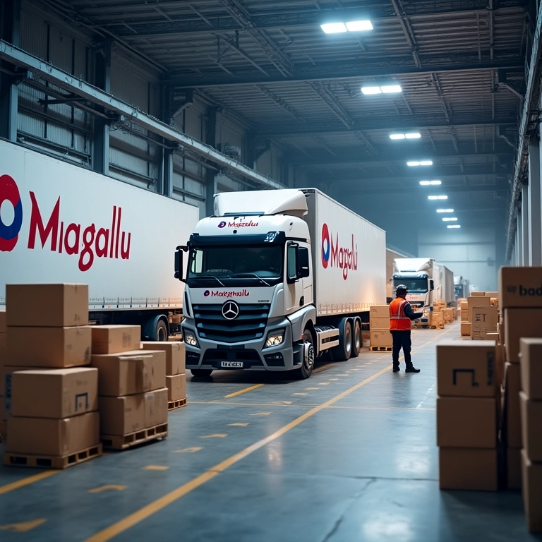 Galpão logístico do Magalu Entregas com caminhões e organização.