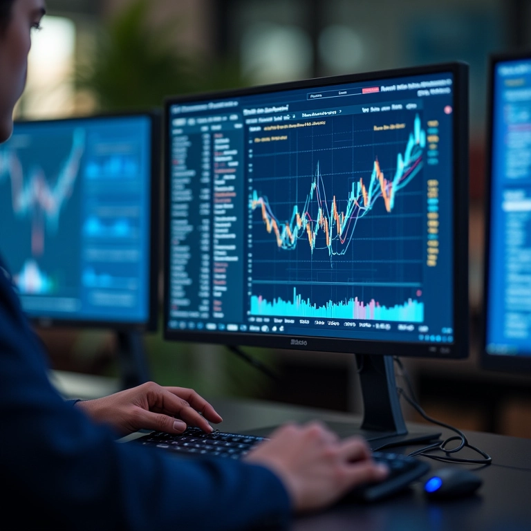 Gráficos e dados de pesquisa de palavras-chave exibidos em monitores.