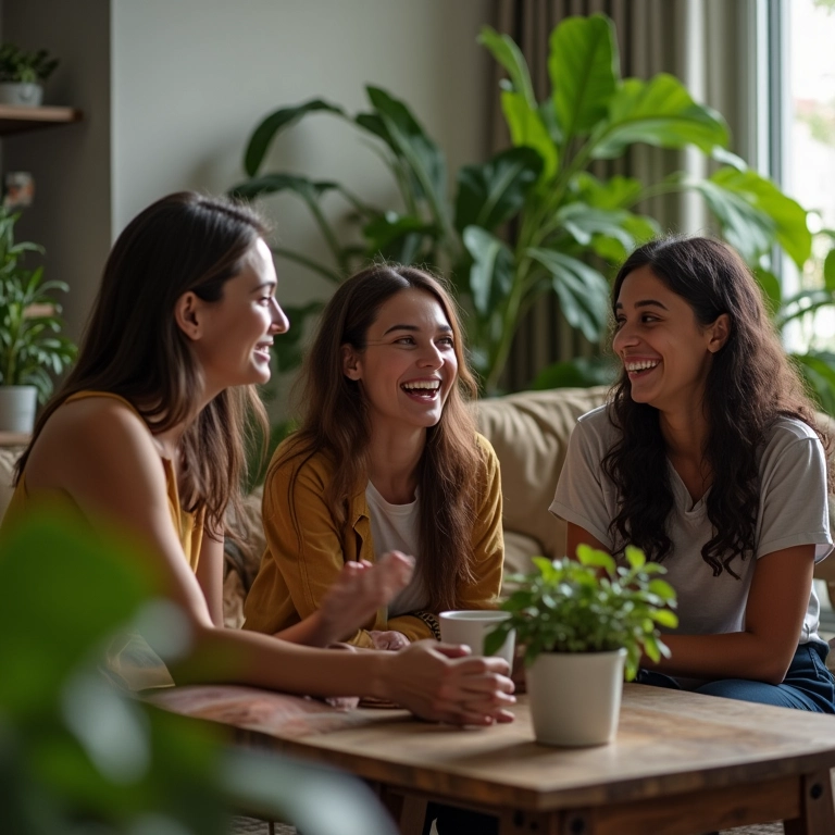 Não se Sente Parte do Grupo? Um Guia de Resiliência Para Encontrar Seu Lugar Grupo de amigos sorrindo em sala aconchegante, simbolizando pertencimento e resiliência.