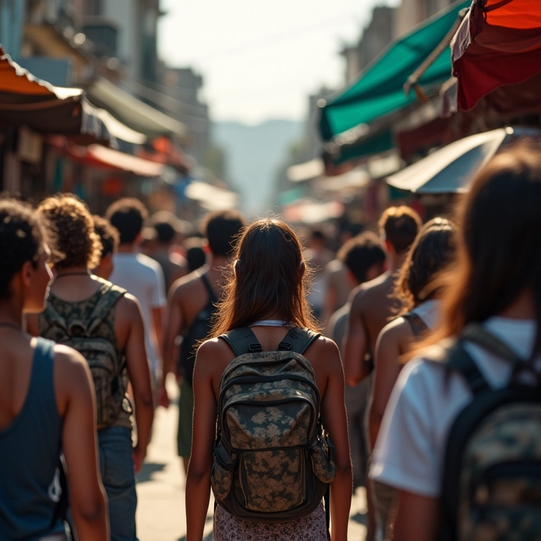 Grupo de nômades digitais explorando mercado de rua em Salvador.