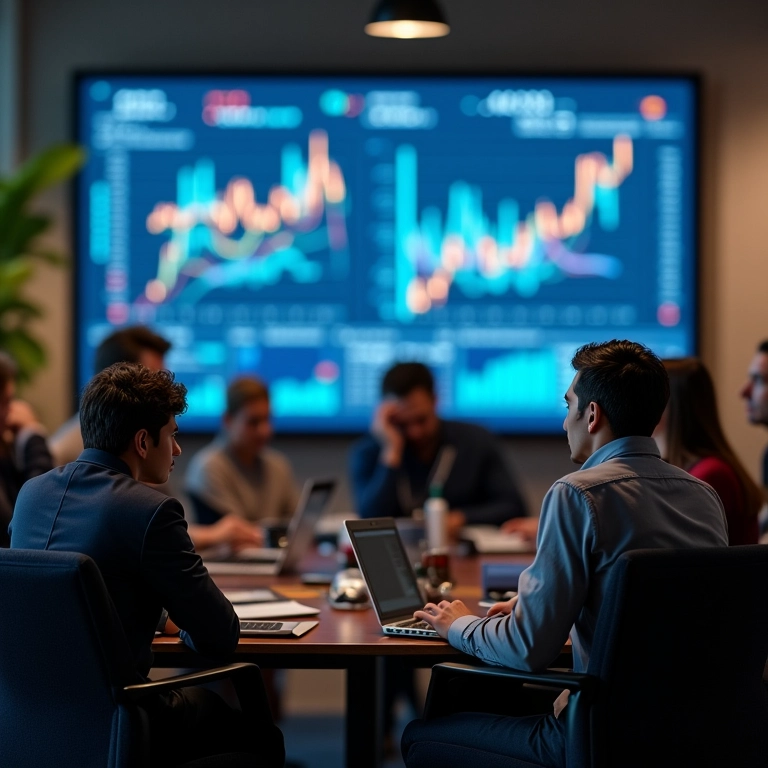 Grupo diverso analisando tendências de mercado em tempo real com IA.