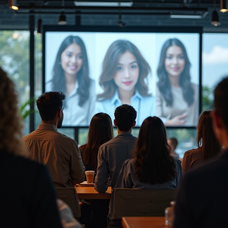 Grupo diverso assistindo vídeos de marketing para e-commerce em escritório moderno com luz natural.