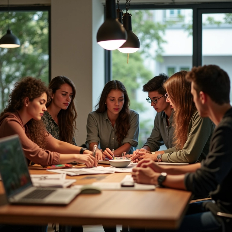 Grupo diverso de afiliados em São Paulo fazendo brainstorming em um espaço de trabalho colaborativo.