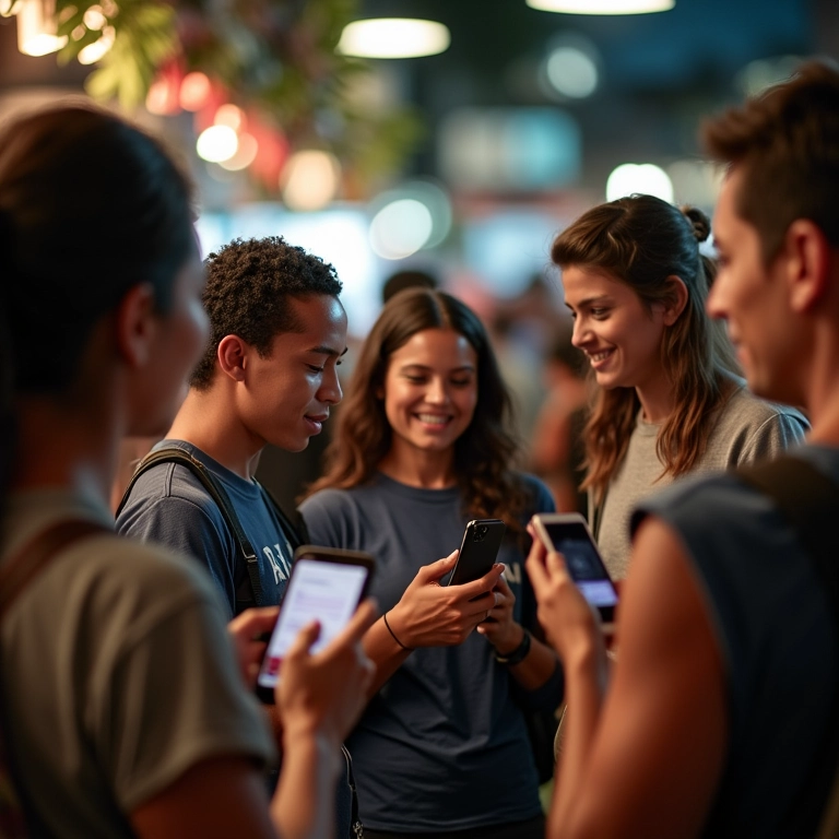 Grupo diverso de brasileiros interagindo com marca de e-commerce nas redes sociais em mercado movimentado.