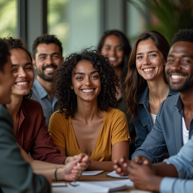 Tecnicas de Upselling para Aplicar no Momento Certo da Compra Grupo diverso de empreendedores brasileiros comemorando o sucesso de uma estratégia de upselling.