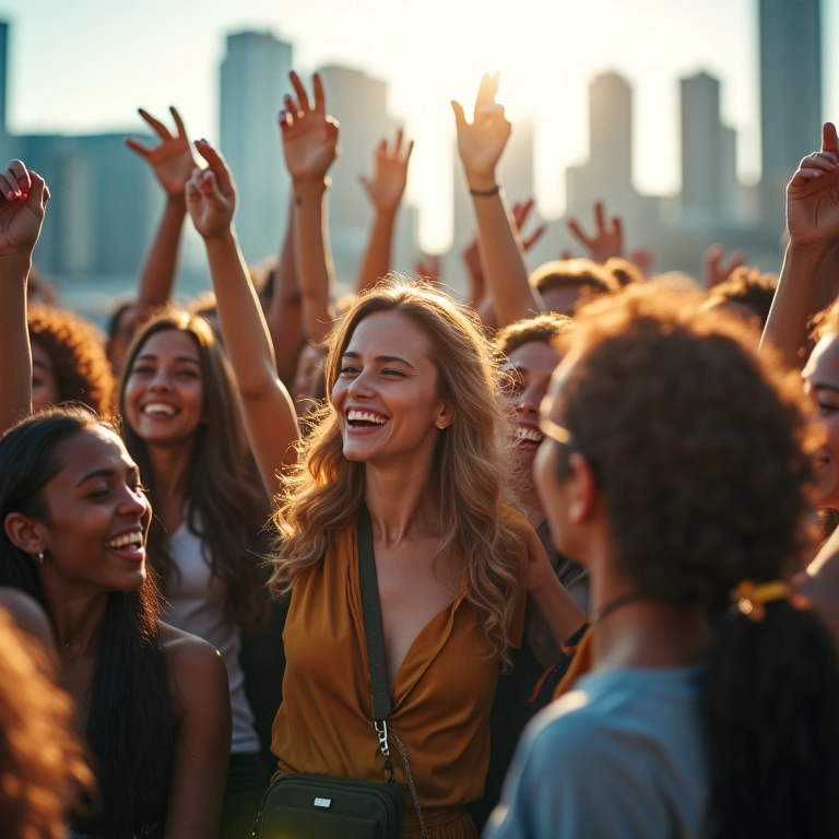 Grupo diverso de estudantes brasileiros comemorando a conquista da certificação financeira da FGV.