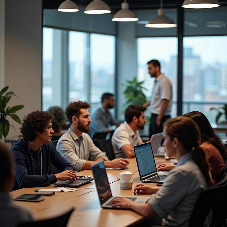 Grupo diverso de funcionários participando ativamente de workshop de desenvolvimento profissional em São Paulo.