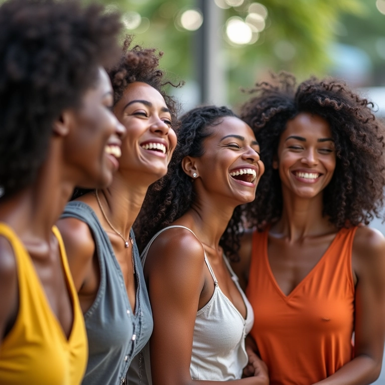 Grupo diverso de mulheres brasileiras se apoiando e sorrindo em um café ao ar livre.
