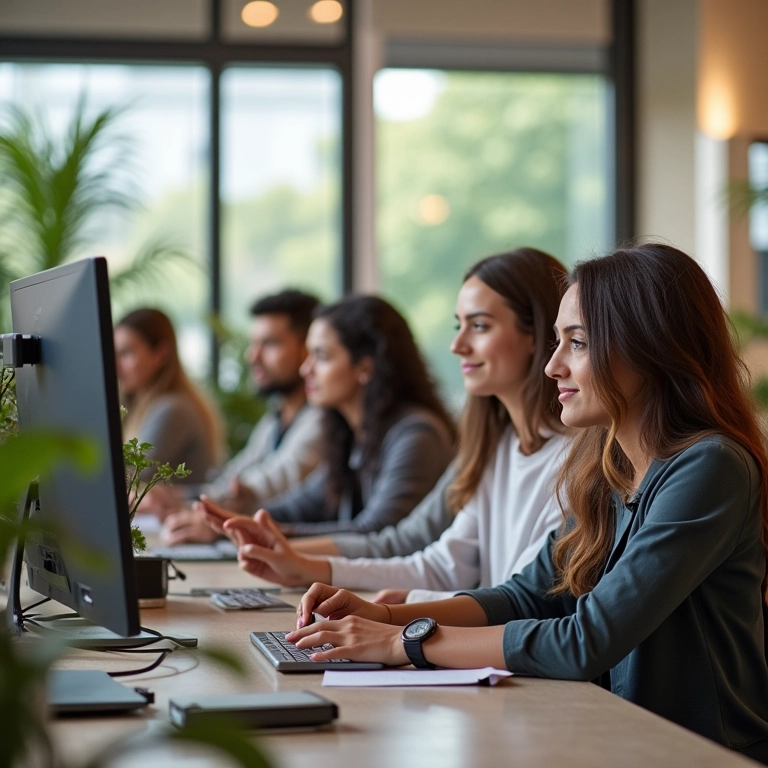 Grupo diverso de profissionais definindo personas de público-alvo em espaço de trabalho colaborativo.