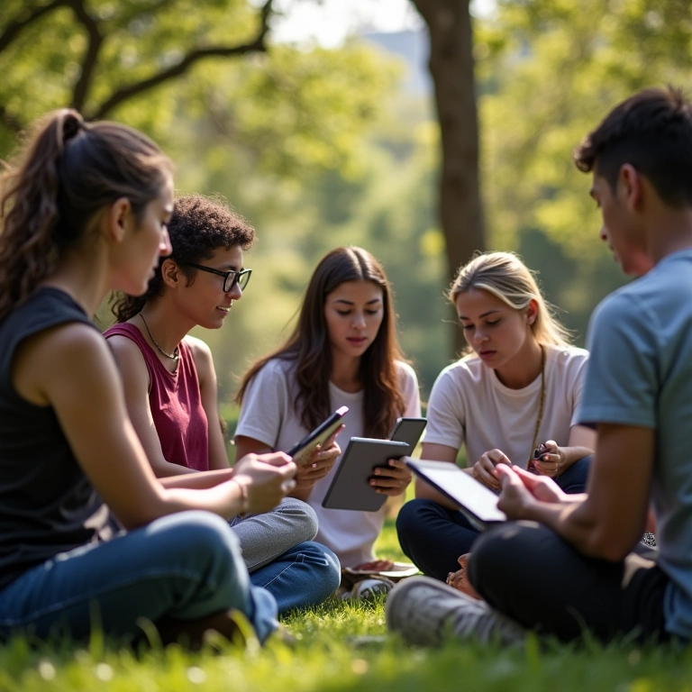 Grupo diverso debatendo online em parque de SP, representando participação digital e debates públicos.