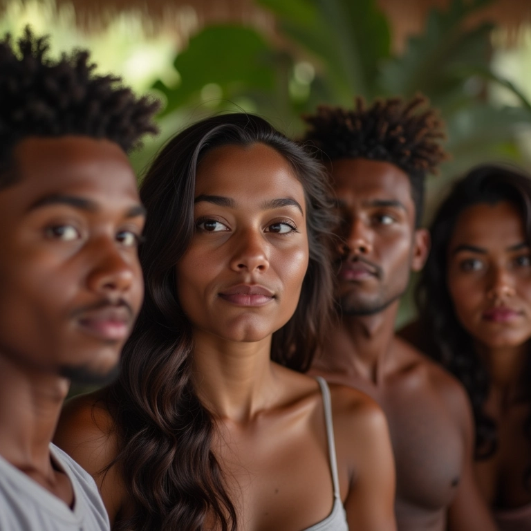 Grupo diverso, uma pessoa fazendo pergunta aberta, decoração brasileira.