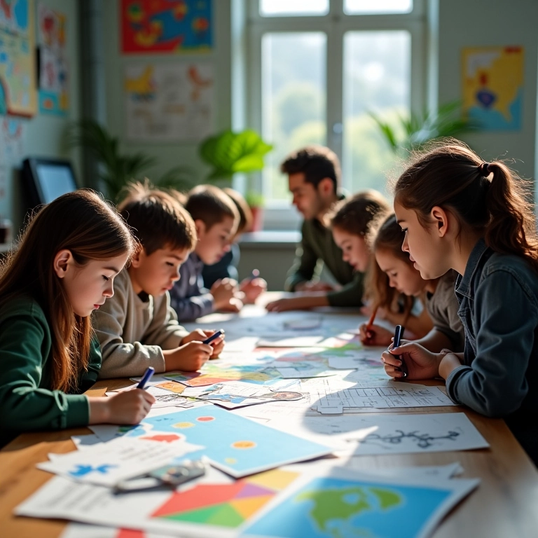Grupo inovando em um workshop com protótipos e diagramas interconectados.