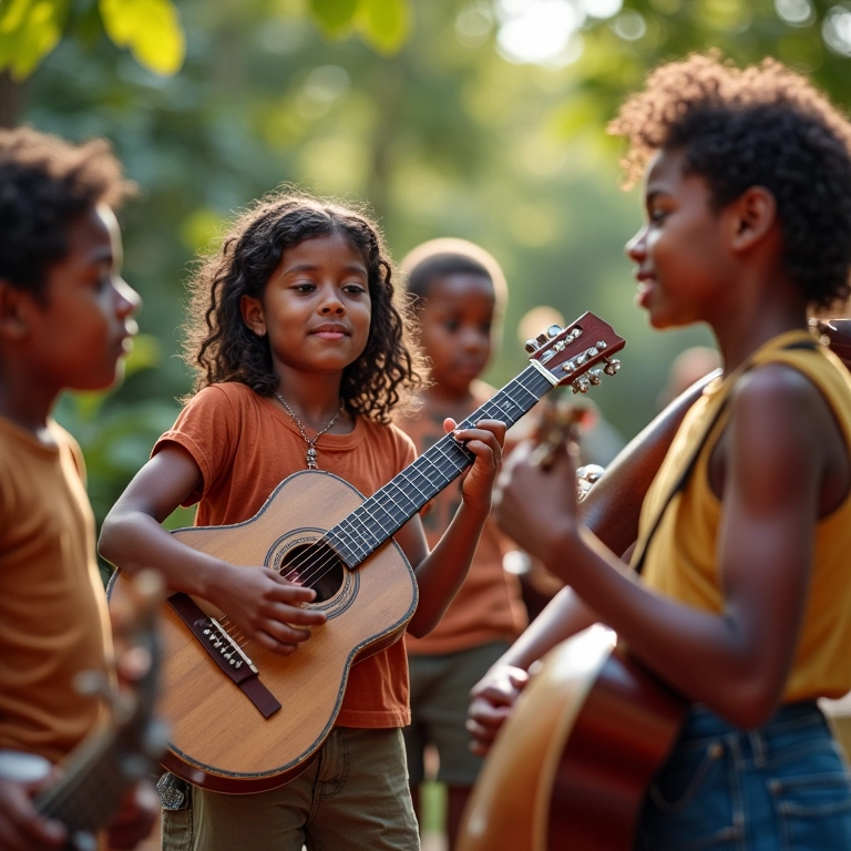 Grupo musical brasileiro toca instrumentos tradicionais ao ar livre, unindo gerações pela música.