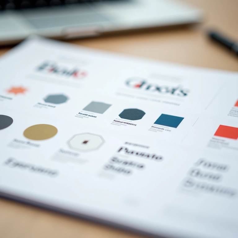 Guia de estilo de marca em uma mesa, mostrando variações de logo, paletas de cores e tipografia.