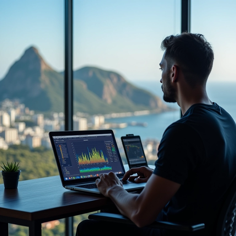 Homem analisando dados da concorrência no Ubersuggest com vista para o Rio de Janeiro.