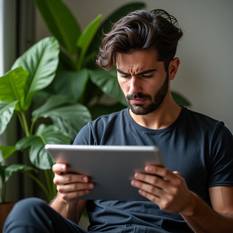 Homem analisando os preços e planos da Nuvemshop em um tablet.