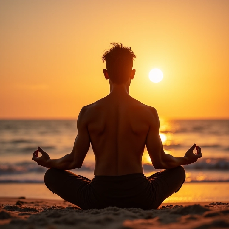 Homem brasileiro meditando na praia ao nascer do sol, focado no presente.