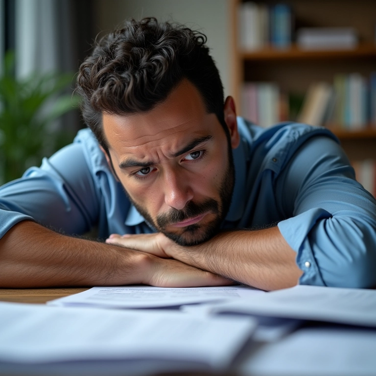 Homem exausto no trabalho, demonstrando a falta de resiliência devido ao sono.