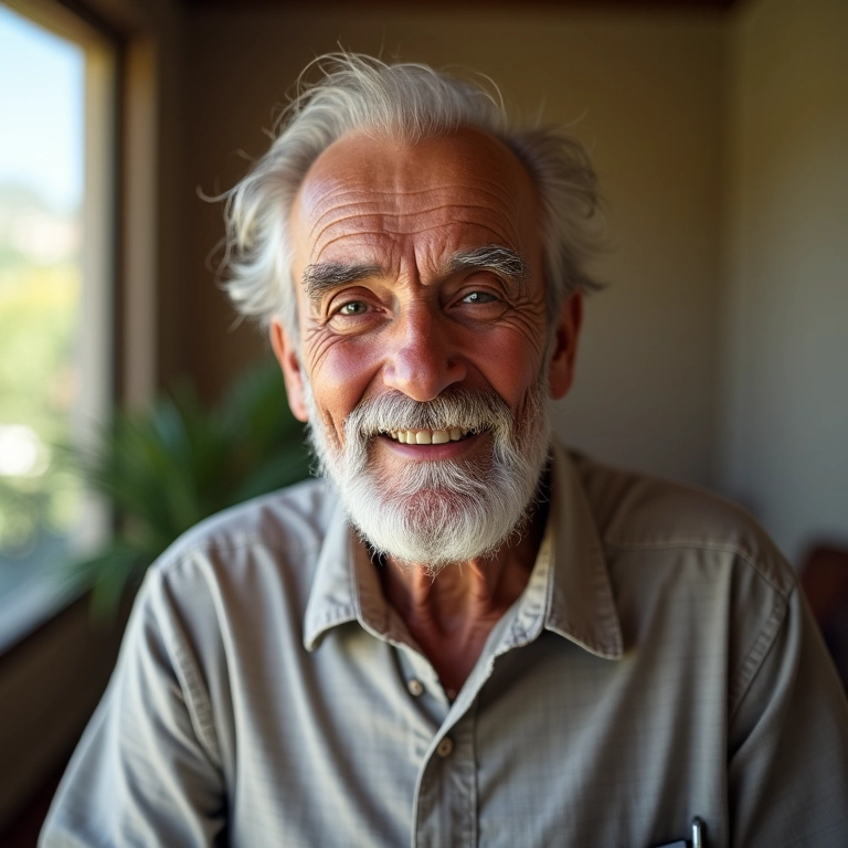 Homem idoso brasileiro sorri ao receber confirmação da aposentadoria com o Pedágio de 100%.