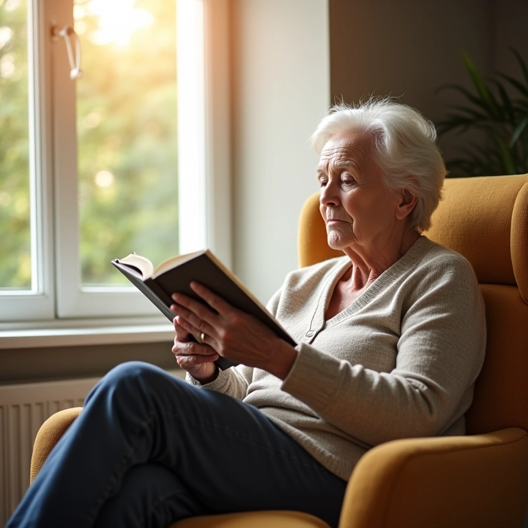Idosa concentrada lendo um livro, foco e concentração aprimorados.