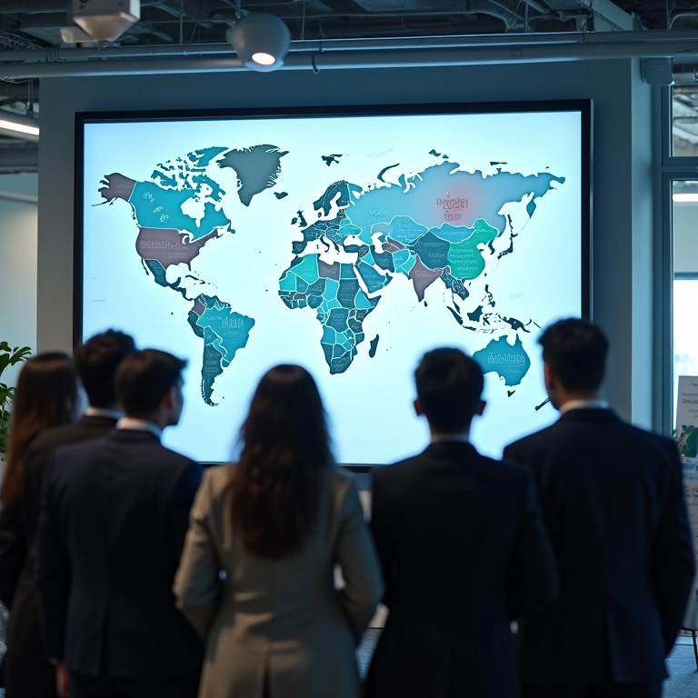 Infográfico exibido em tela grande, com pessoas diversas observando em escritório moderno.