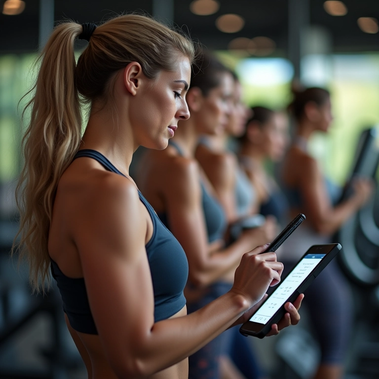 Instrutor de fitness segmentando lista de e-mail em tablet com membros diversos da academia ao fundo.