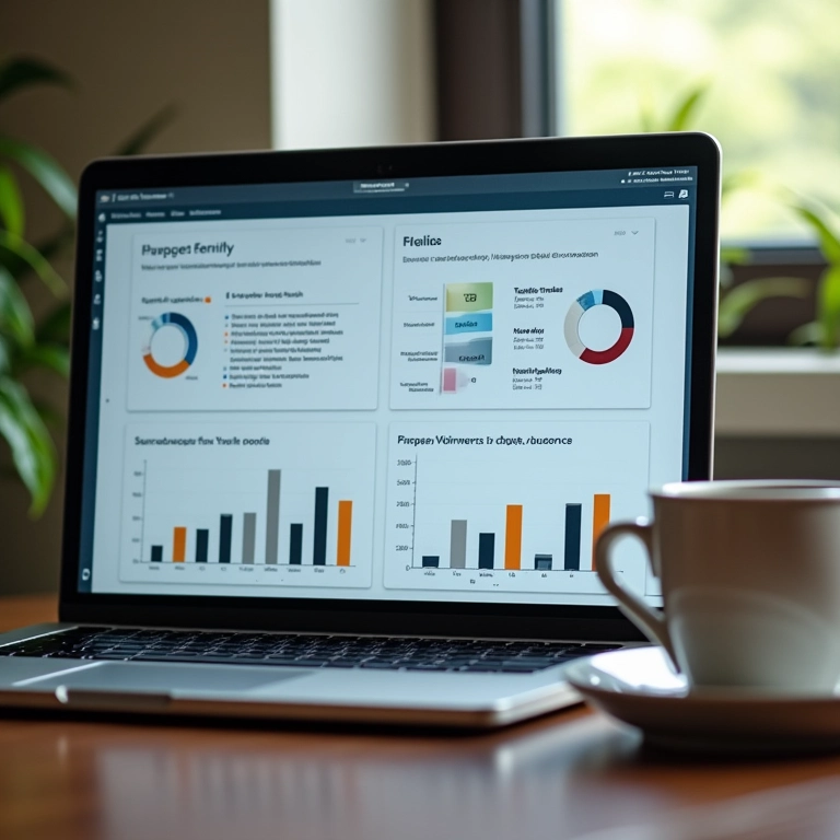 Interface de testes A/B em laptop com xícara de café brasileira.