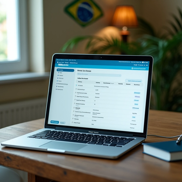 Interface do mLabs em um laptop com decoração brasileira.