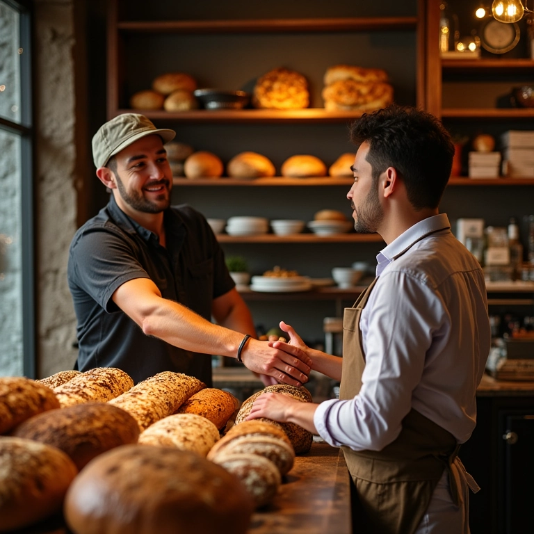 Interior da padaria Benjamin A com pães artesanais e atendimento acolhedor.