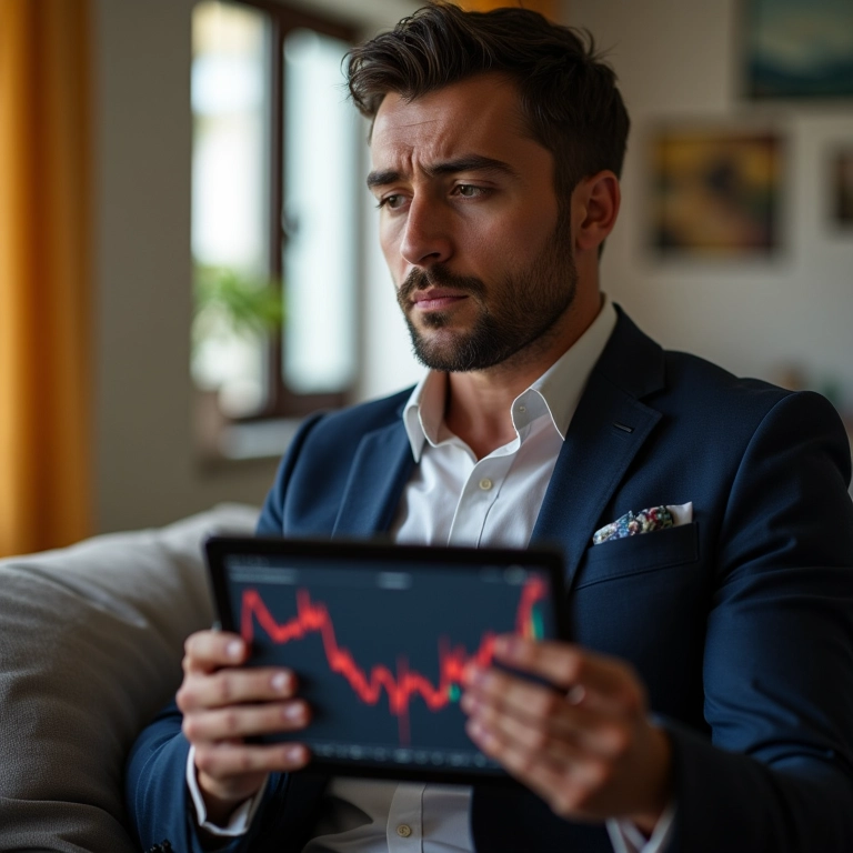 Investidor preocupado olhando gráfico de ações em queda.