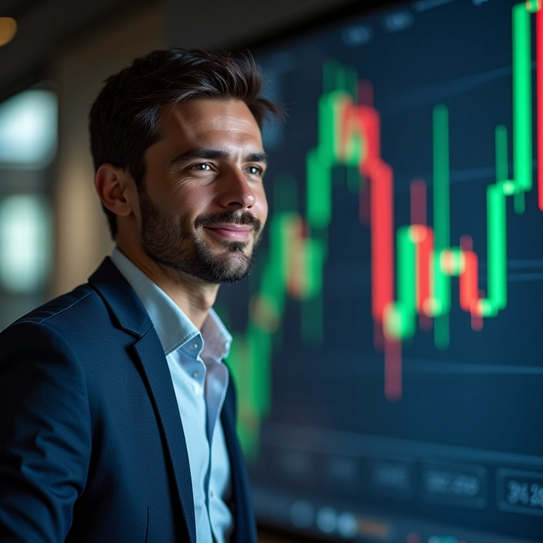 Investidor sorrindo ao analisar Bandas de Bollinger em um gráfico de ações.