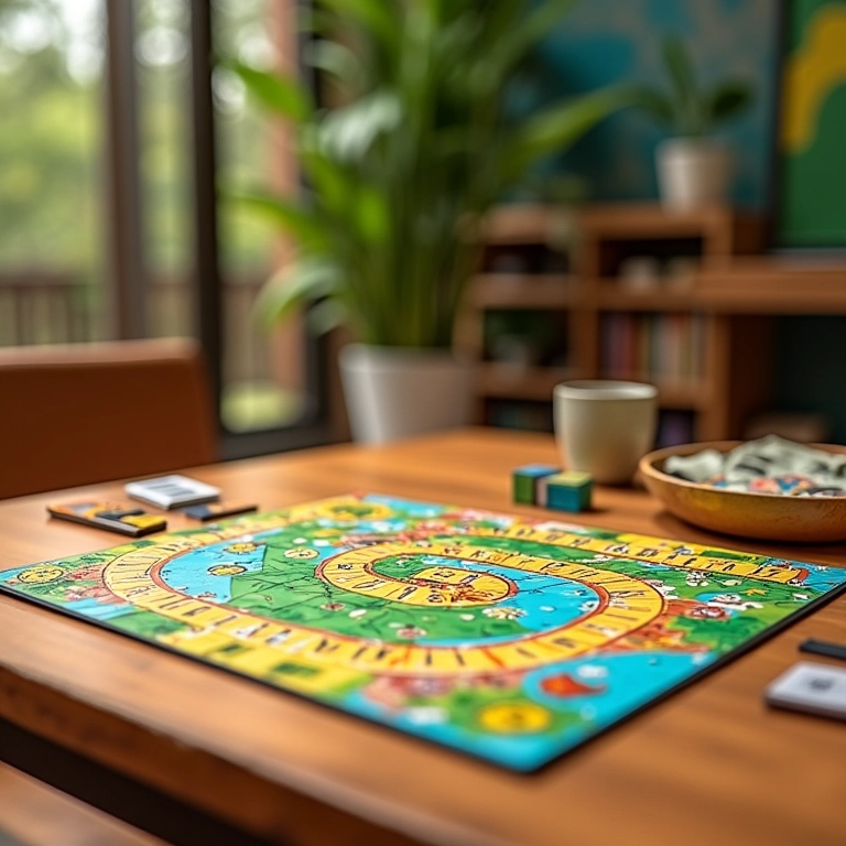 Jogo de tabuleiro educativo sobre finanças com decoração brasileira vibrante.