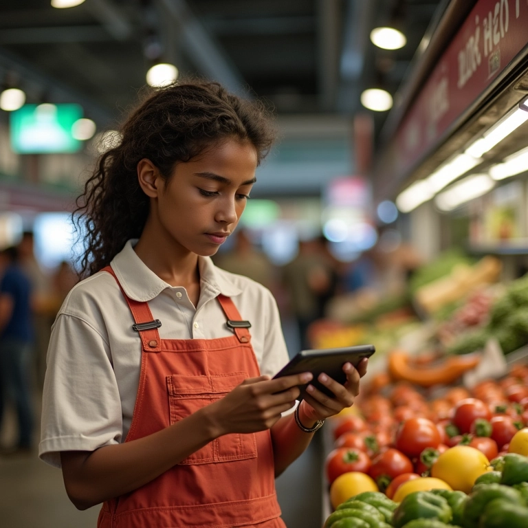 Jovem adulto comparando preços no mercado em São Paulo.