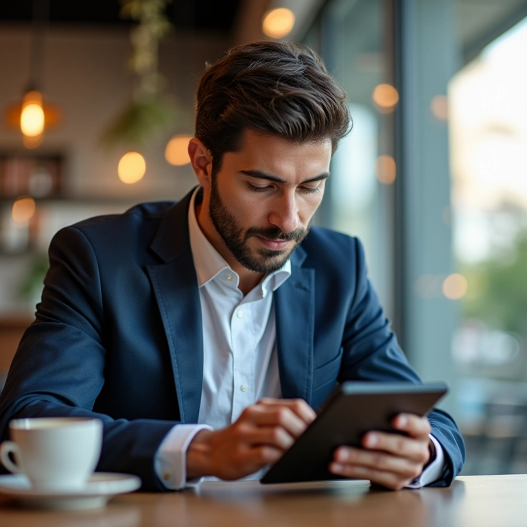 Jovem executivo brasileiro analisando dados financeiros em um tablet durante um intervalo em um café moderno.