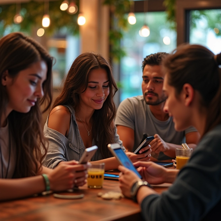 Jovens adultos usando o Facebook em um café vibrante.