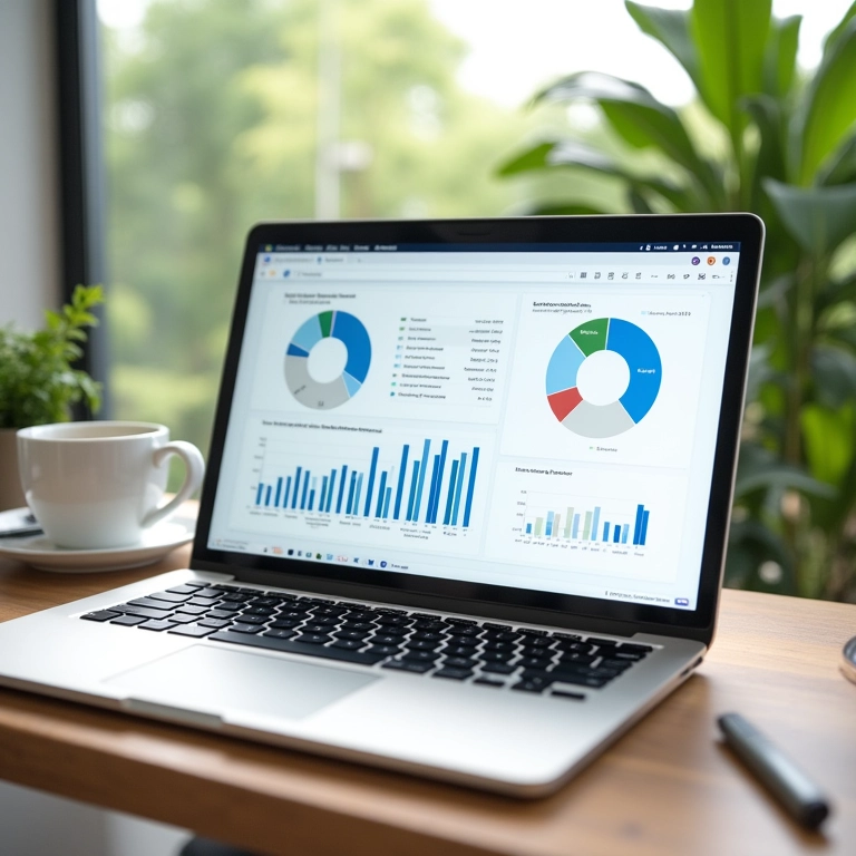 Laptop exibindo gráficos de otimização tributária, representando regime tributário vantajoso para Sociedade Limitada.