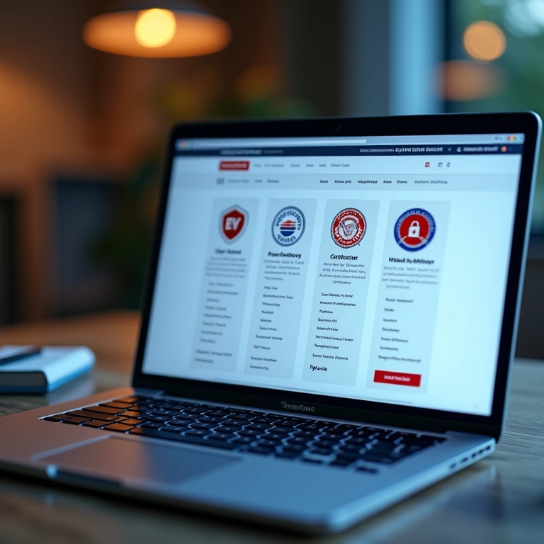 Laptop mostrando selos de segurança e certificações em um site.