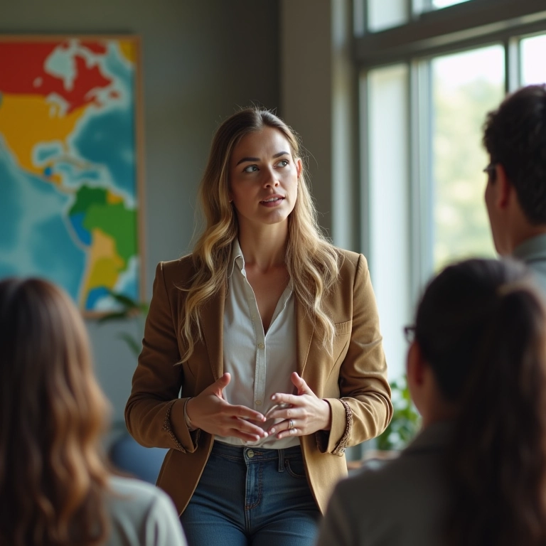 Líder feminina apresentando uma visão holística para sua equipe.