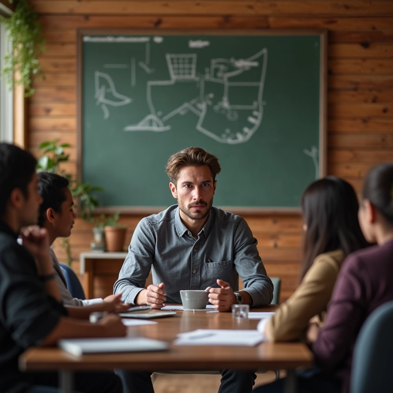 Líder nomeando o problema durante reunião com equipe diversa.