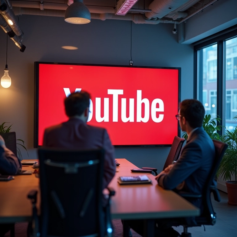 Logo de marca exibido em vídeo do YouTube em escritório vibrante em SP.