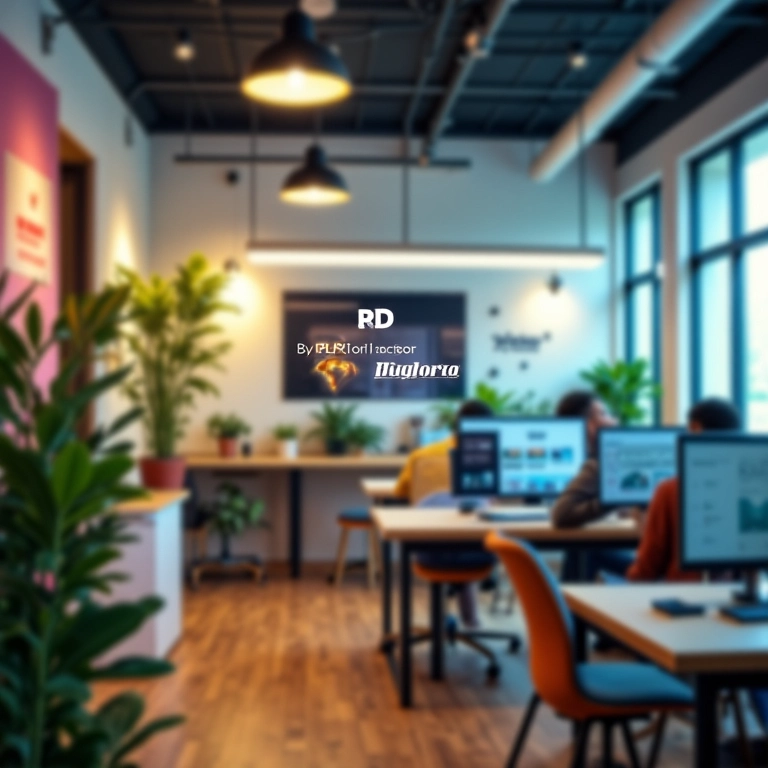 Logotipos do Mailchimp e RD Station Marketing integrados em um escritório brasileiro.