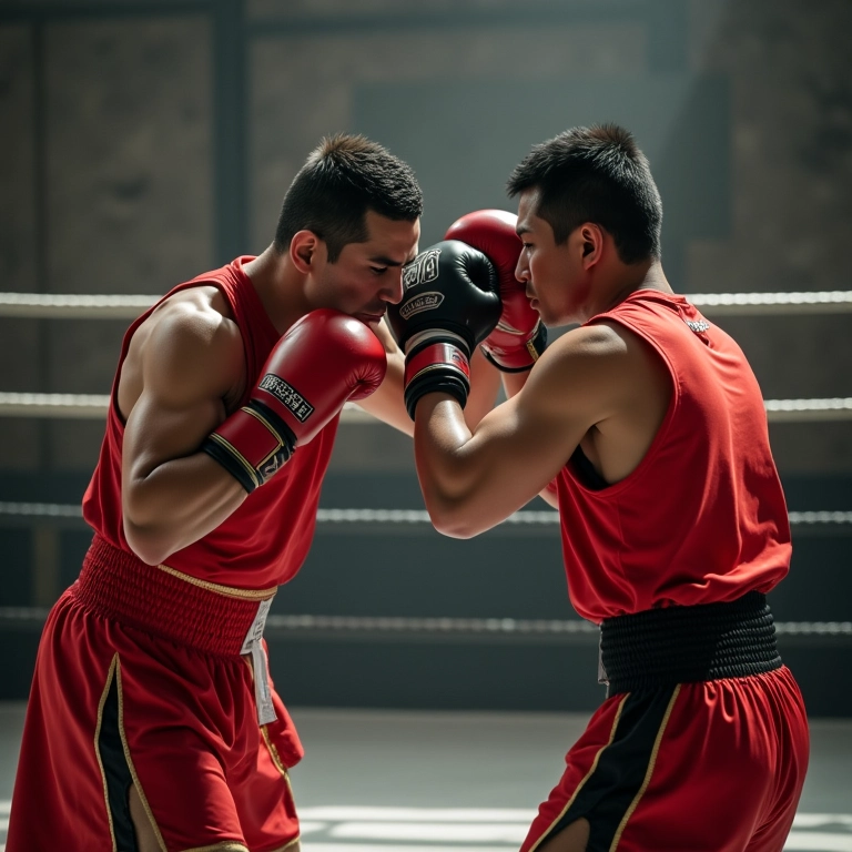 Lutadores de Muay Thai em sparring em dojo em SP, ação intensa, trajes tradicionais e demonstração de poder.